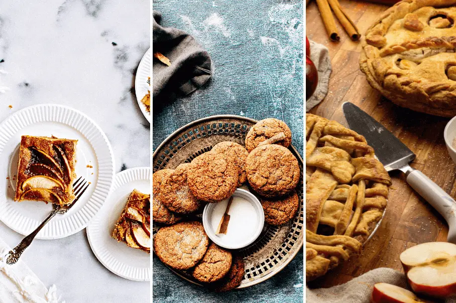 A collage of three images of different types of baked goods. The first image is of an apple tart on a white plate with a fork on a white marble countertop. The second image is of a plate of cookies on a blue background. The cookies are round and coated in sugar. The plate is metal. The third image is of a whole apple pie on a wooden cutting board with a knife. The pie has a lattice crust and there are sliced apples on the cutting board. The background is a wooden countertop.