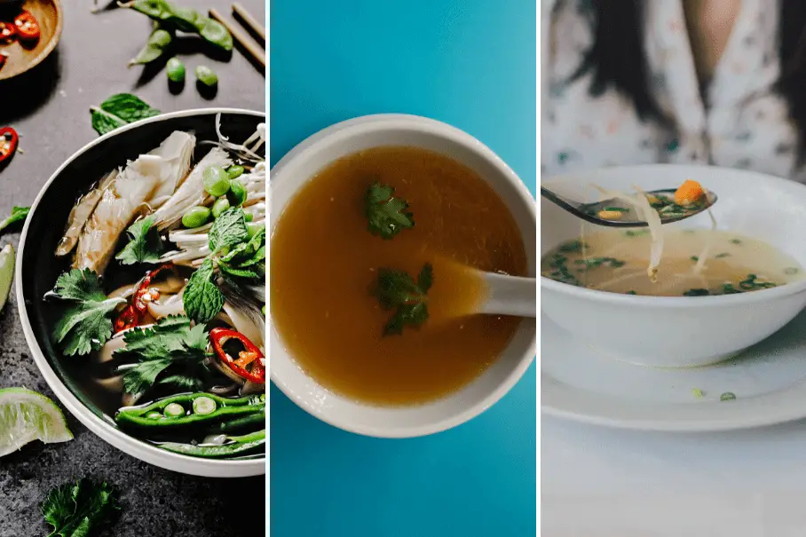 A collage of three images of soup: pho with toppings, clear broth with herbs, and creamy soup with a spoon.