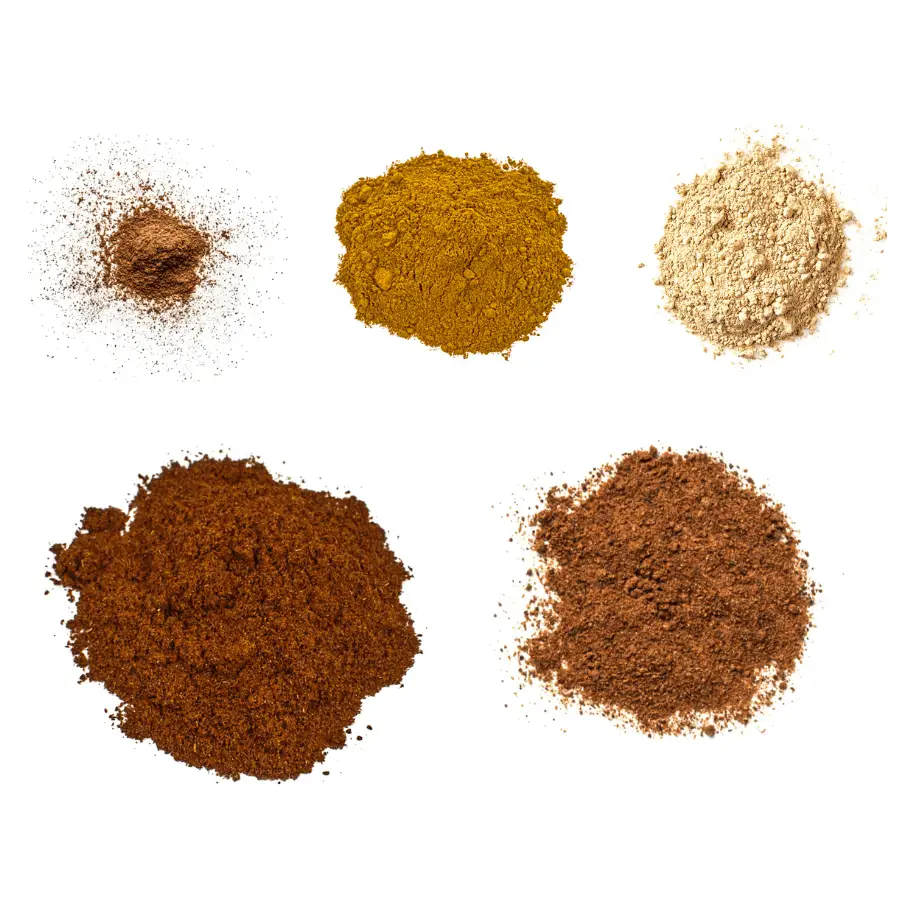 A photorealistic image of ingredients for Homemade Banana Bread Spice Blend consisting of five piles of different spices and herbs on a white background.