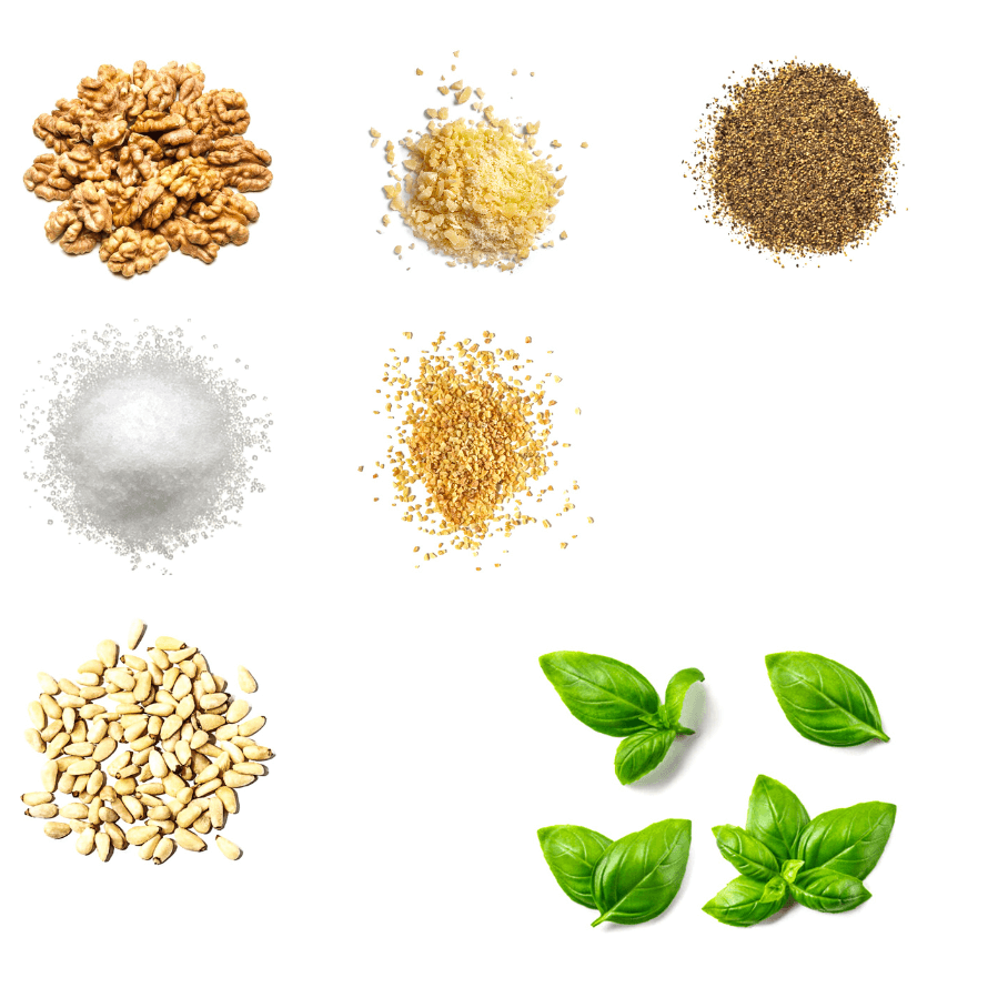 A photorealistic image of ingredients for Homemade Basil Pesto Seasoning consisting of seven piles of different spices and herbs on a white background.