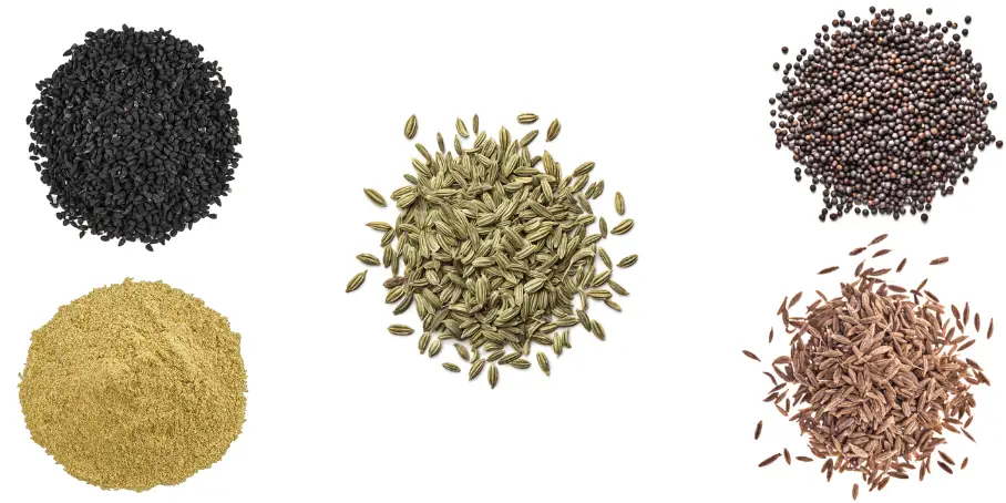 A photorealistic image of ingredients for Homemade Bengali Five-Spice Seasoning consisting of five piles of different spices and herbs on a white background.