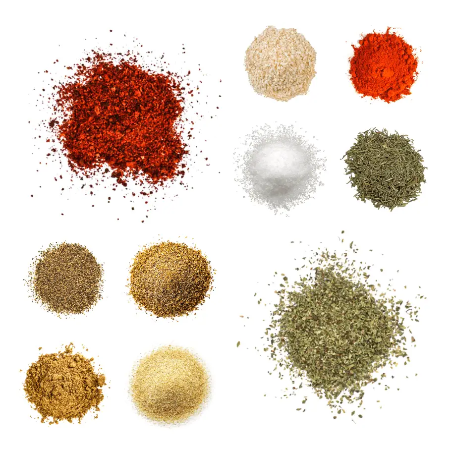 A photorealistic image of ingredients for Homemade Brazilian Seasoning consisting of ten piles of different spices and herbs on a white background.