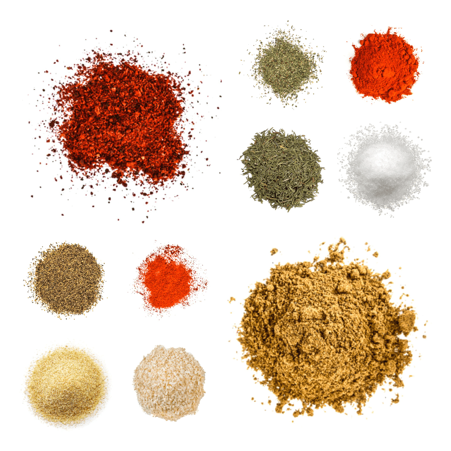 A photorealistic image of ingredients for Homemade Cajun Fajita Seasoning consisting of ten piles of different spices and herbs on a white background.