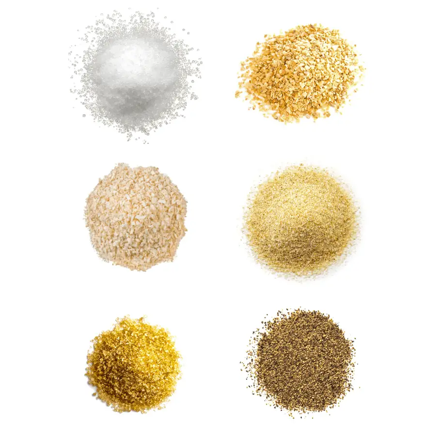 A photorealistic image of ingredients for Homemade Caramelized Onion Seasoning consisting of six piles of different spices and herbs on a white background.