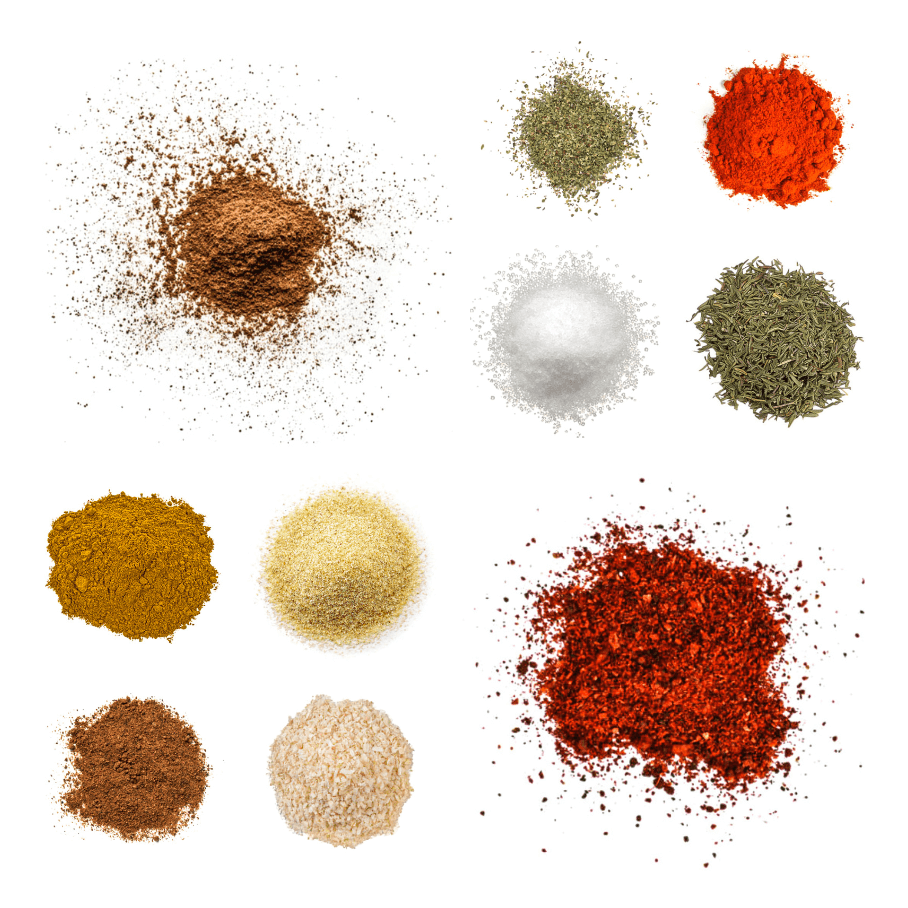 A photorealistic image of ingredients for Homemade Caribbean Seasoning consisting of ten piles of different spices and herbs on a white background.