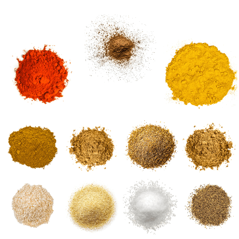 A photorealistic image of ingredients for Homemade Chicken Shawarma Seasoning consisting of eleven piles of different spices and herbs on a white background.