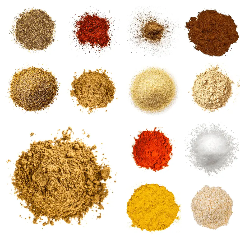 A photorealistic image of ingredients for Homemade Chicken Tikka Masala consisting of thirteen piles of different spices and herbs on a white background.