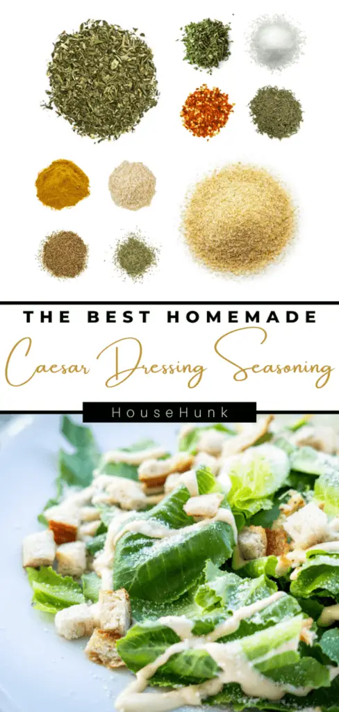 A photo collage of spices and herbs and a Caesar salad with the text “The Best Homemade Caesar Dressing Seasoning” and “HouseHunk”. The spices and herbs are arranged in a circle on a white background and the salad is on a white plate with croutons and dressing.