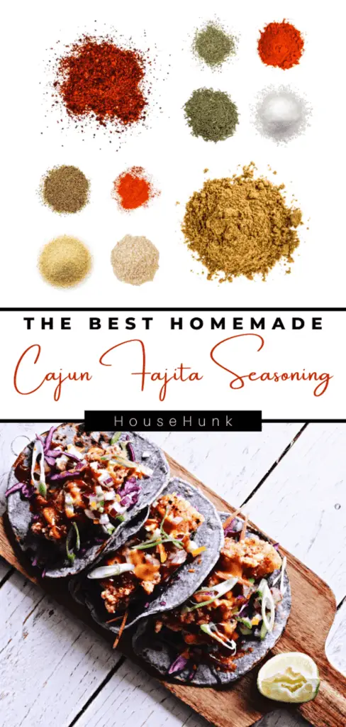 A photo collage of spices and Cajun Fajita dish with the text “THE BEST HOMEMADE Cajun Fajita Seasoning HouseHunk”. The spices are arranged in a circle on a white wooden surface and the dish is served on blue corn tortilla wraps with colorful vegetables and meat.