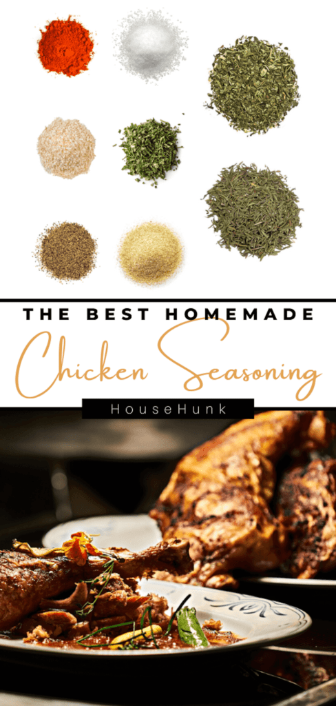 A photo collage of spices and a roasted chicken with a text overlay about homemade chicken seasoning.