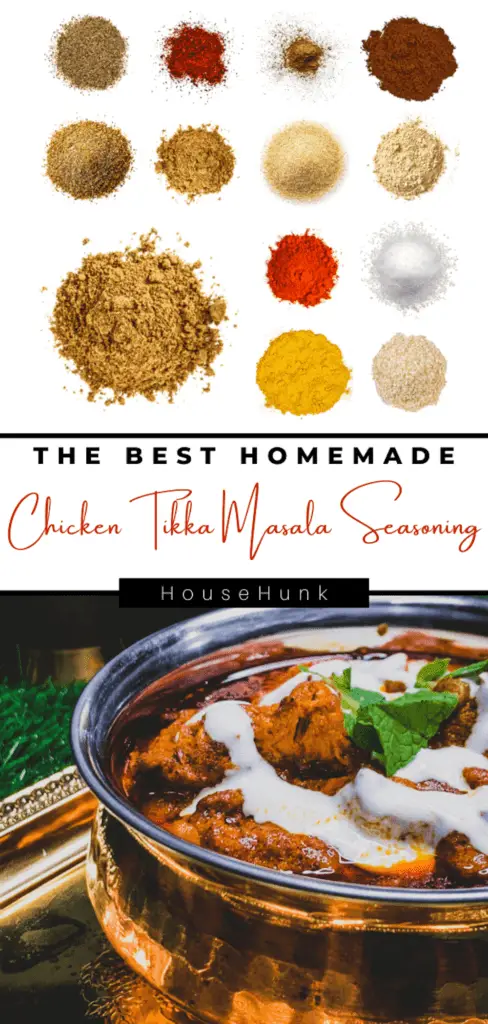 A photo collage of spices and seasonings and a pot of chicken tikka masala with a text overlay about homemade seasoning.