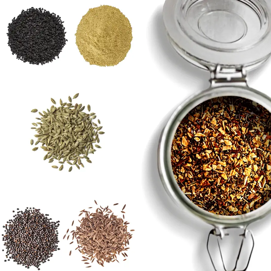 A photo realistic image of six types of spices and a jar of mixed spices on a white background.