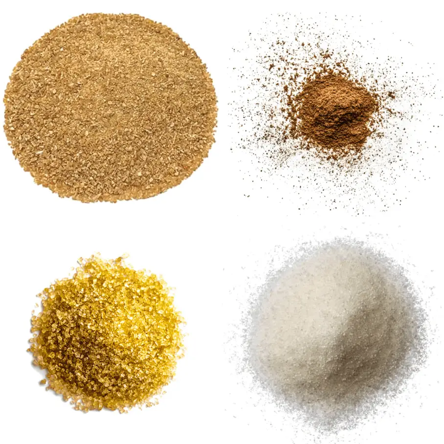 A photorealistic image of ingredients for Homemade Apple Cinnamon Seasoning consisting of four piles of different spices and herbs on a white background.