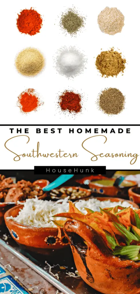 A photo collage of spices and a southwestern dish with text advertising a homemade seasoning recipe.