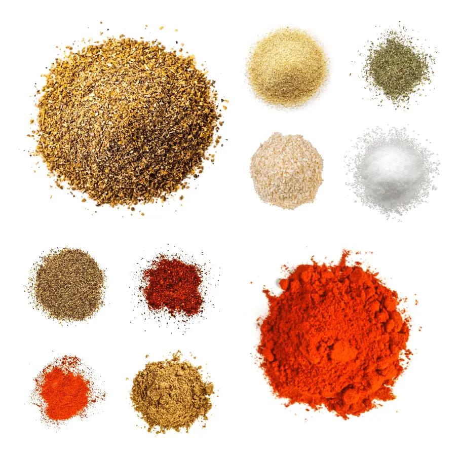 A photorealistic image of ingredients for Homemade Chorizo Sausage Seasoning consisting of ten piles of different spices and herbs on a white background.