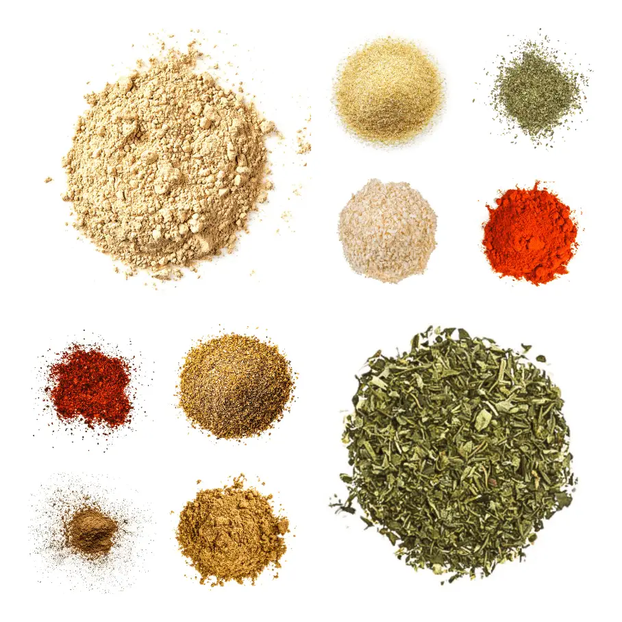 A photorealistic image of ingredients for Homemade Pad Thai Seasoning consisting of ten piles of different spices and herbs on a white background.