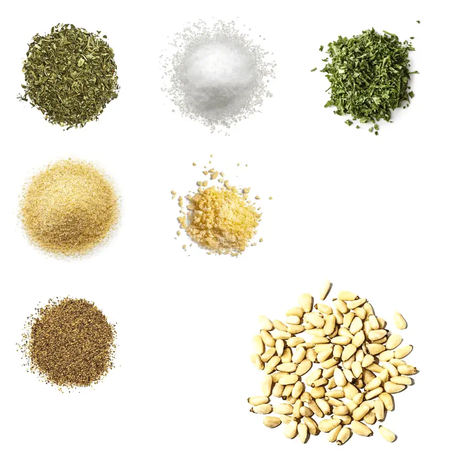 A photorealistic image of ingredients for Homemade Pesto Seasoning consisting of seven piles of different spices and herbs on a white background.