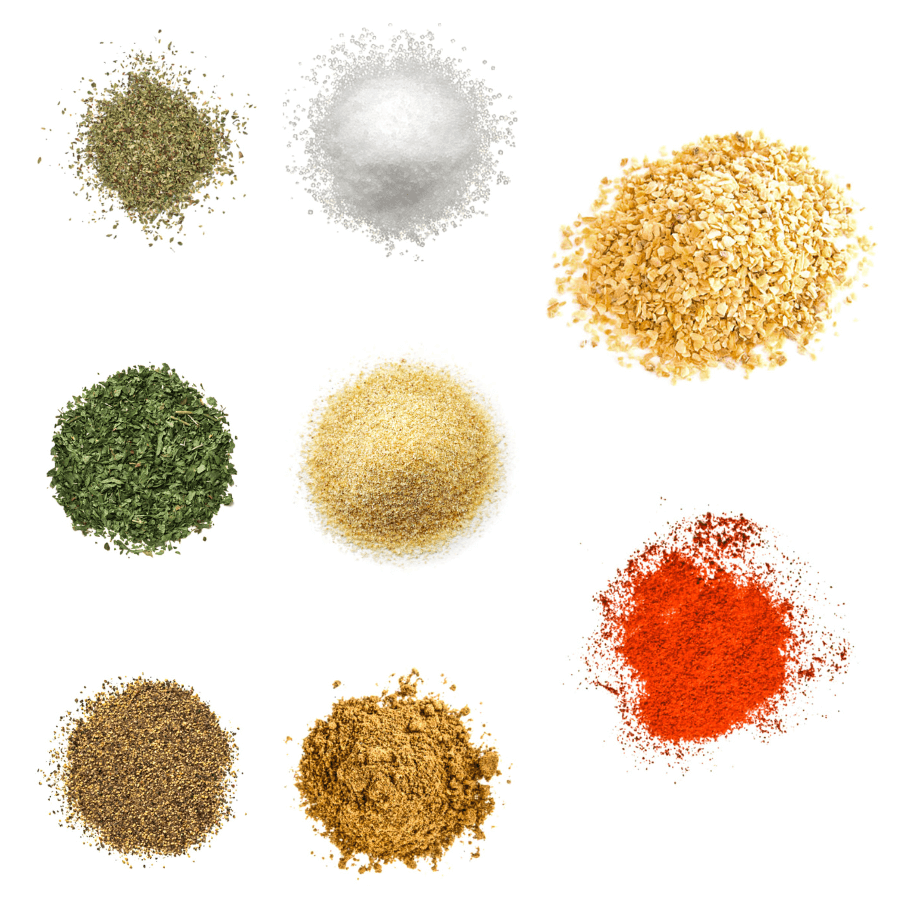 A photorealistic image of ingredients for Homemade Pico de Gallo Seasoning consisting of eight piles of different spices and herbs on a white background.