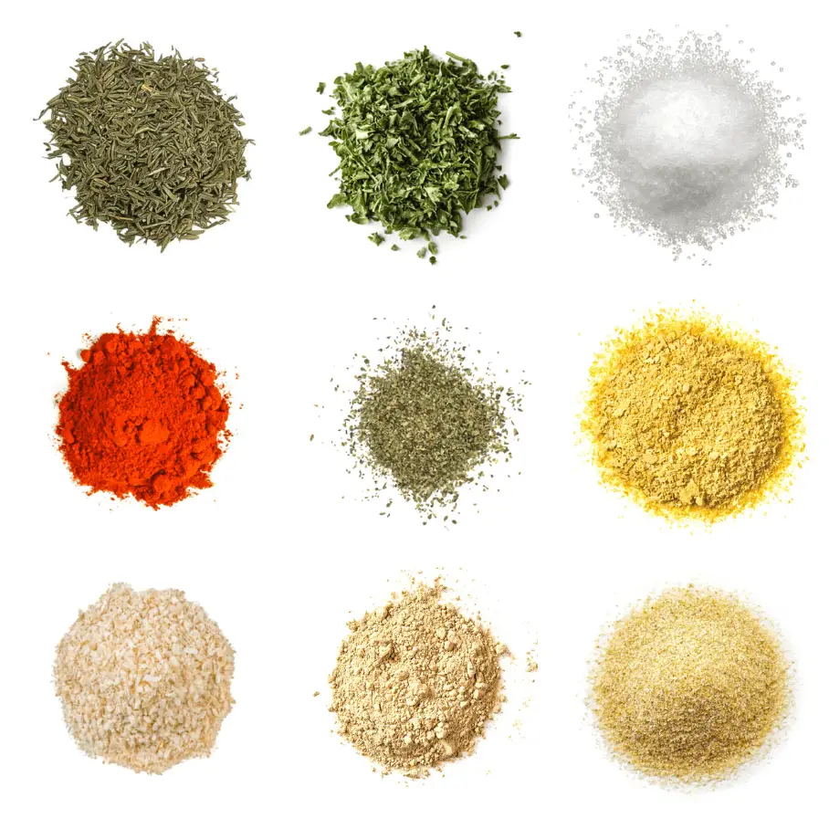 A photorealistic image of ingredients for Homemade Soy Sauce Seasoning consisting of nine piles of different spices and herbs on a white background.