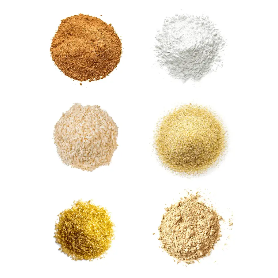 A photorealistic image of ingredients for Homemade Teriyaki Sauce Seasoning consisting of six piles of different spices and herbs on a white background.
