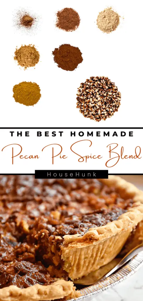 A collage of two images showing how to make pecan pie spice blend, a spice blend made from various spices. The top image shows the spices used in the recipe on a white background, and the bottom image shows a pecan pie on a aluminum plate. The collage has text in the center that shows the name of the recipe and the source. The text is black and orange in color.