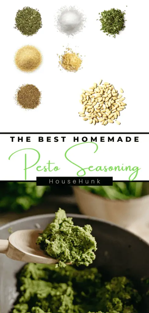 A three-part collage featuring ingredients and pesto with the caption “THE BEST HOME PESTO SEASONING"
