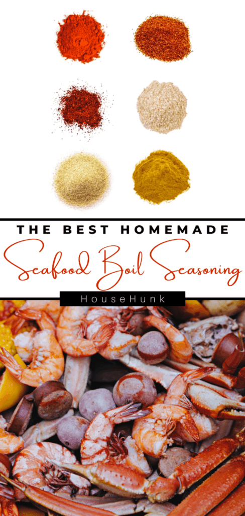 A photo realistic image of a seafood boil seasoning recipe. The top part of the image shows 6 different spices arranged in a circle. The middle part of the image has text that reads “THE BEST HOMEMADE Seafood Boil Seasoning”. The text is in black and white and is in a cursive font. The bottom part of the image shows a large bowl of seafood, including shrimp, crab legs, and clams. The seafood is cooked and is in a red sauce. The background is white.