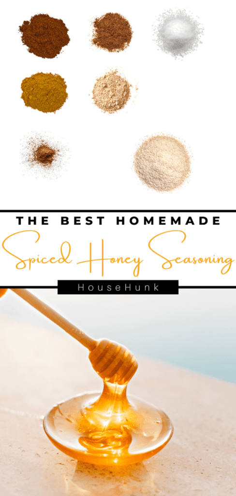A collage of two images of spices and honey with the text “THE BEST HOMEMADE Spiced Honey Seasoning”.