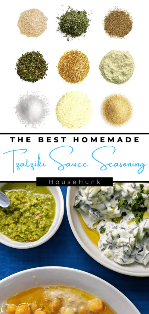A collage of spices, herbs, and tzatziki sauce with the text “THE BEST HOMEMADE Tzatziki Sauce Seasoning”.
