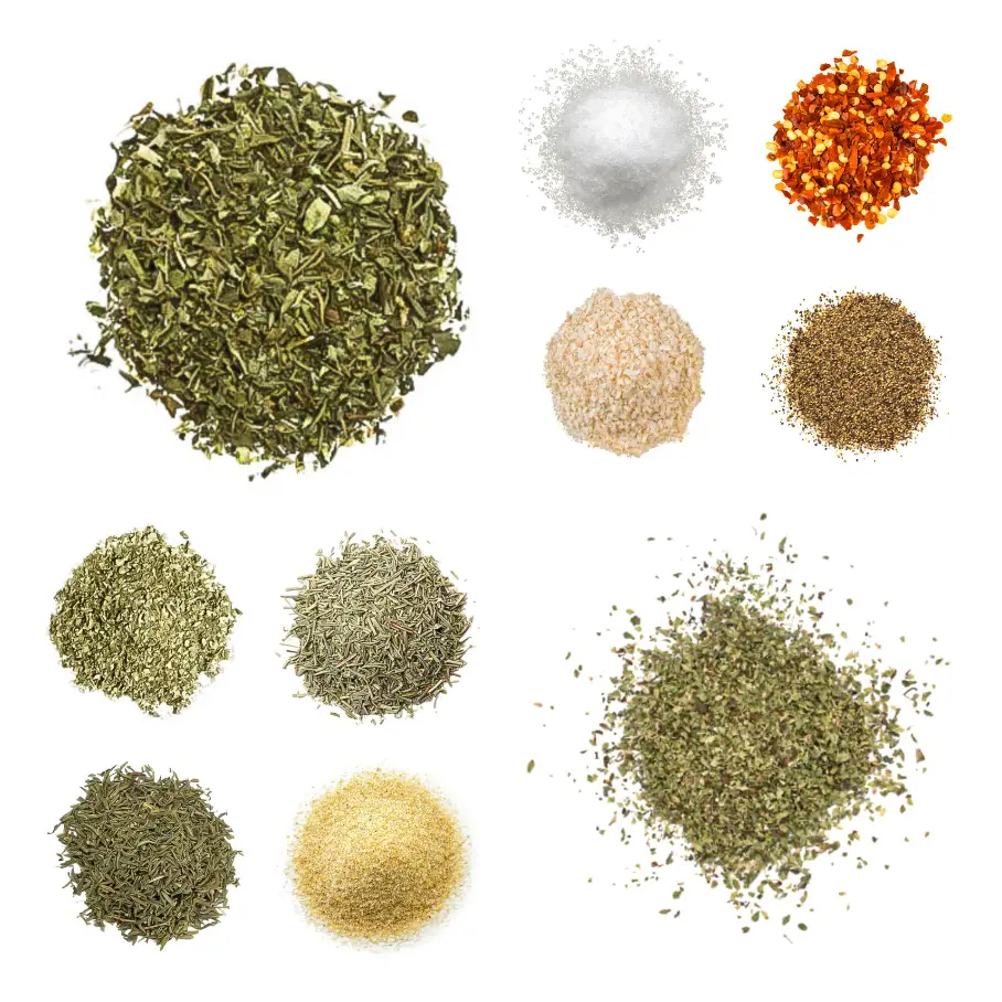 A grid of ten different types of spices on a white background including red chili flakes, salt, garlic powder, and green dried oregano