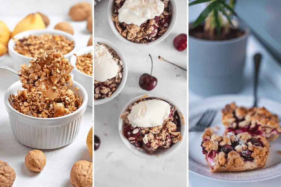 A collage of three images of fruit crumble dessert in white ramekins with and without vanilla ice cream and fresh cherries.