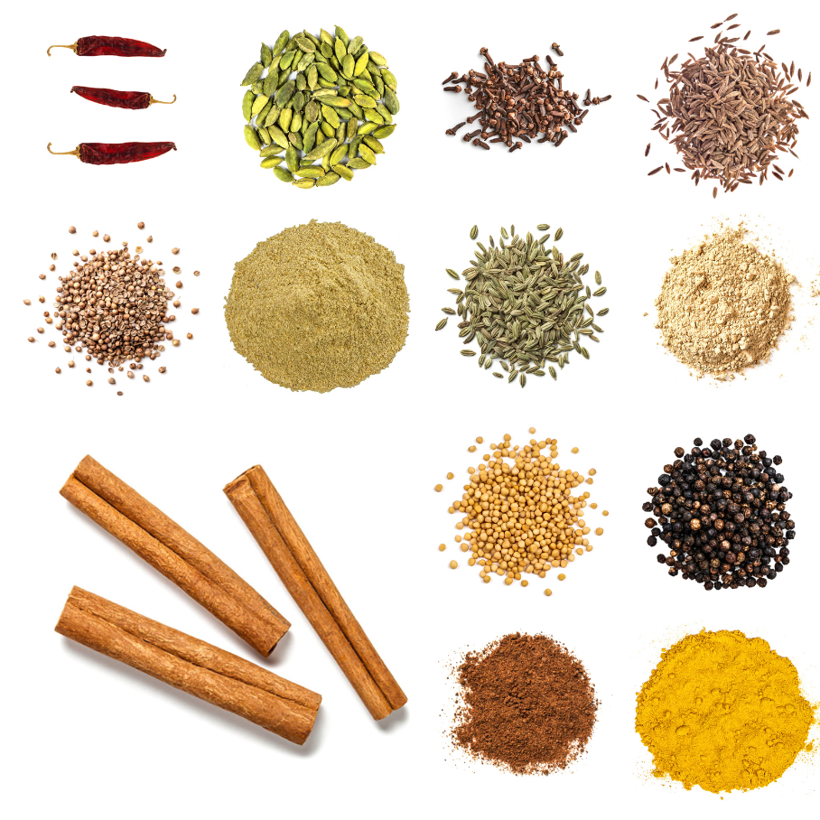 A photo realistic image of an assortment of spices and herbs on a white background. The spices and herbs are arranged in a grid-like fashion with three rows and four columns. The spices and herbs include red chili peppers, green cardamom, cloves, cumin seeds, coriander powder, fennel seeds, mustard seeds, black peppercorns, cinnamon sticks, ground nutmeg, and turmeric powder.