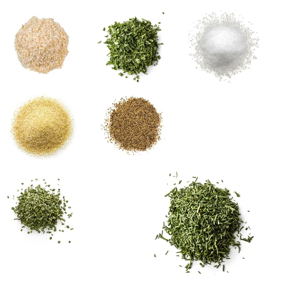 A photo realistic image of 7 piles of different types of spices on a white background. The spices are arranged in a grid of 3 rows and 3 columns