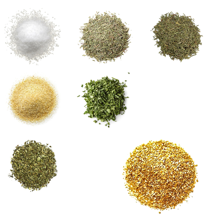 A grid of eight spices on a white background.