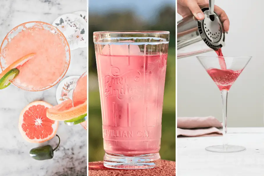 A collage of three images of pink cocktails in different glasses with a sugar rim, a slice of grapefruit, ice cubes, a straw, and a strainer.
