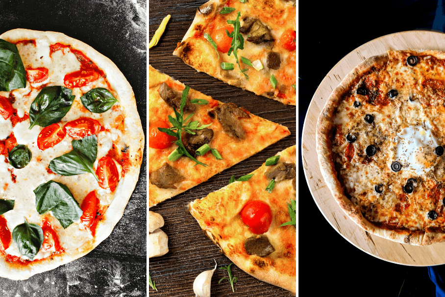 A collage of three different pizza images with white bases, red sauces, and various toppings such as basil, mushrooms, and olives.