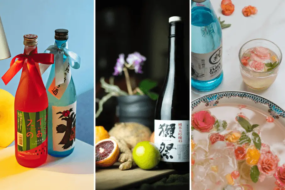 A collage of three images of different types of Japanese sake bottles and glasses with various fruits and flowers on white and black surfaces.