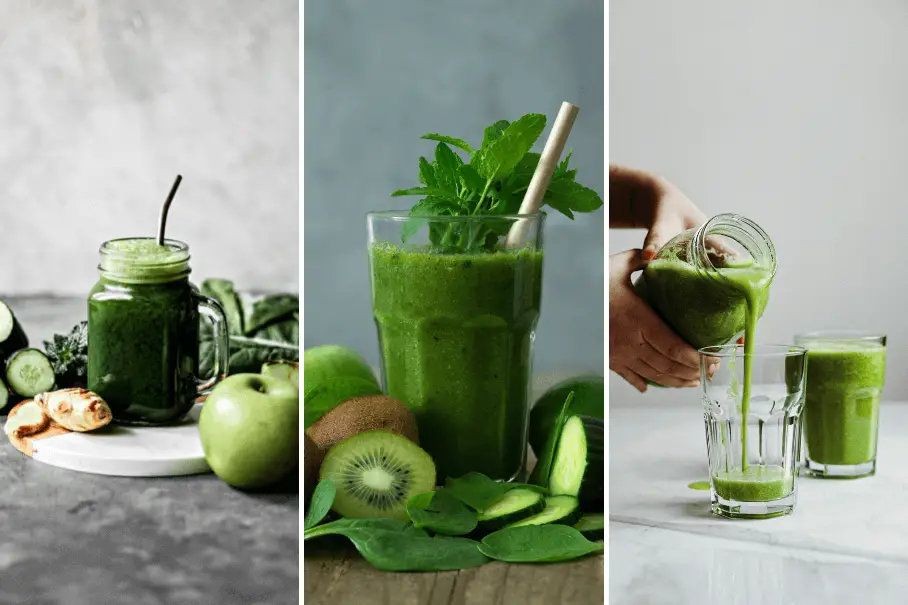 A collage of three images of green smoothies in different glassware with spinach leaves and fruits on white surfaces.