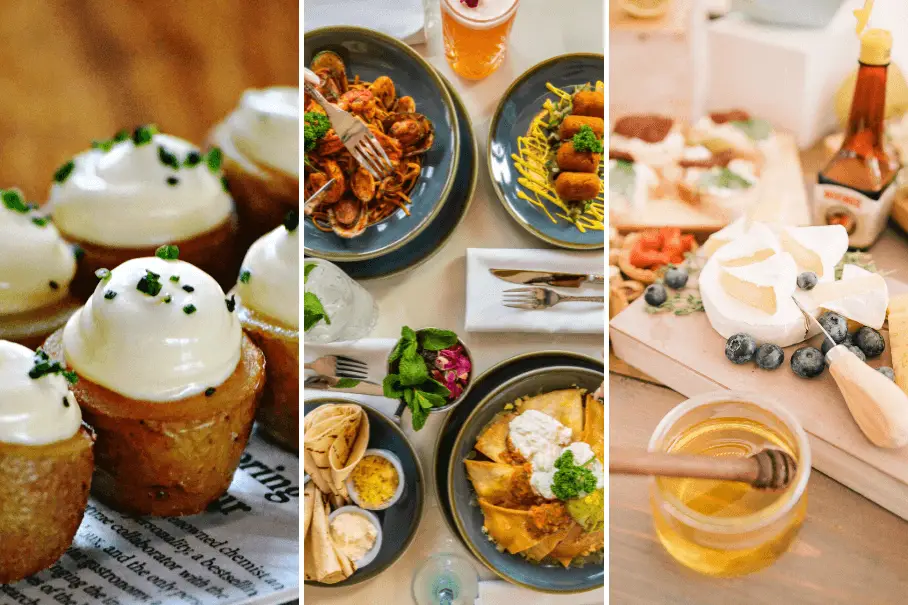 A collage of three images of different tapas dishes and drinks, including a charcuterie board with cheese, meat, fruit, and honey.