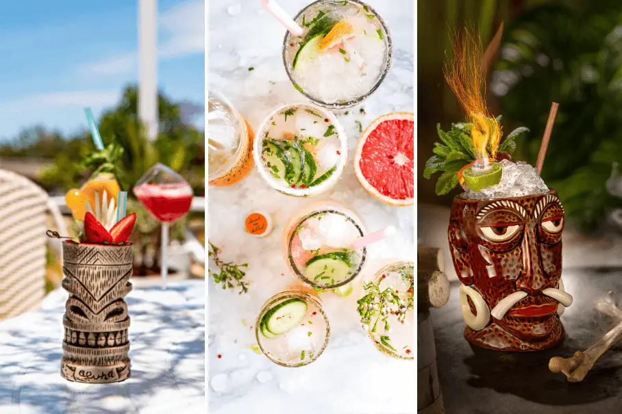 A collage of three images of different cocktails with fruit and flower garnishes and a tropical and summery vibe.