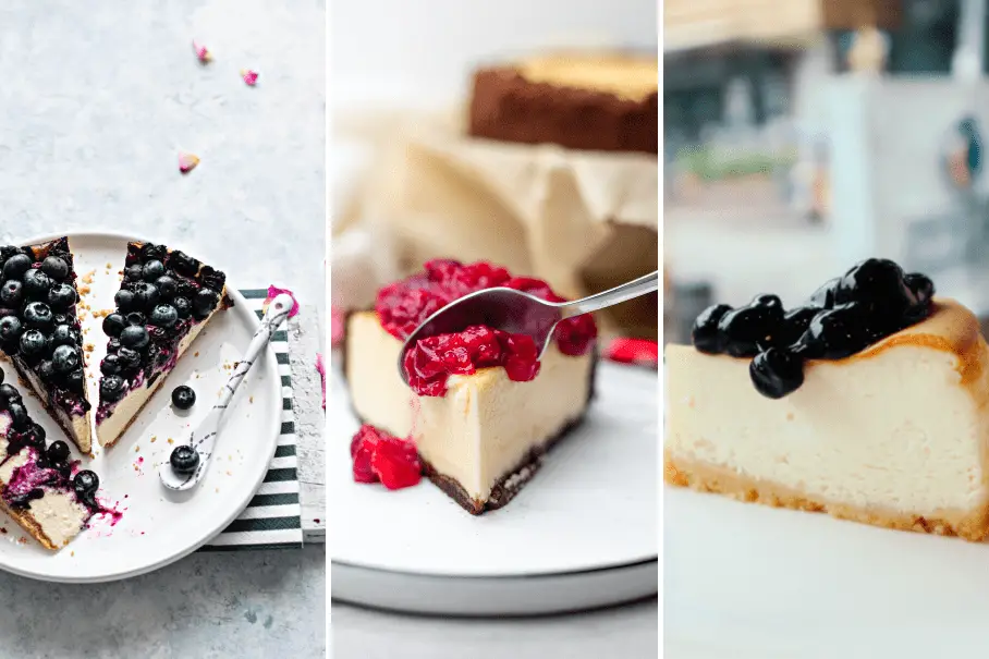 A triptych of three images of cheesecake with different berry toppings on white plates with a light and airy feel.