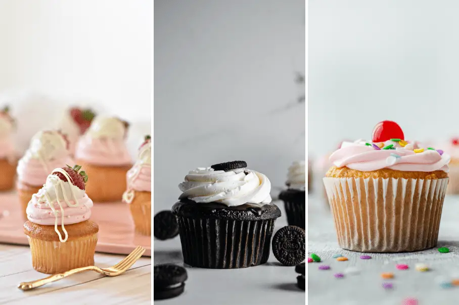 A triptych of three images of cupcakes with white frosting swirls and different toppings on white, black, and silver plates with matching forks on a white background with a marble texture.