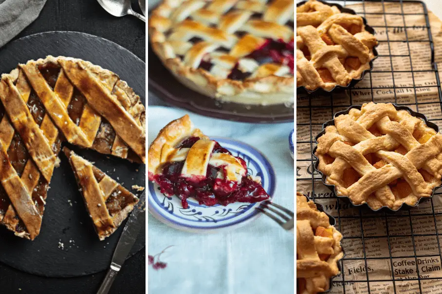 A collage of three images of pies with different crusts and fillings, such as berries, peaches, blueberries, and apples.