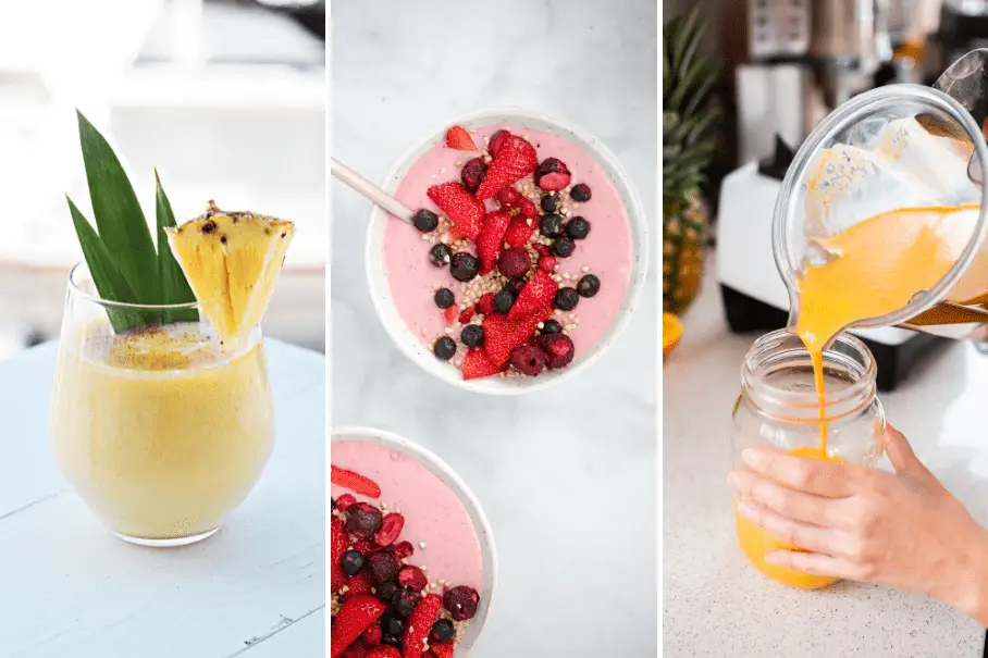 A collage of three images of different types of drinks, including a yellow smoothie, a pink smoothie bowl, and orange juice.