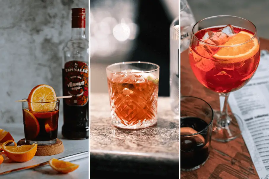 A triptych of cocktails with vermouth. The cocktails are red or brown in color and served with orange slices. The photos show different settings, such as a white wall, a bar, and a table with a menu and wine.