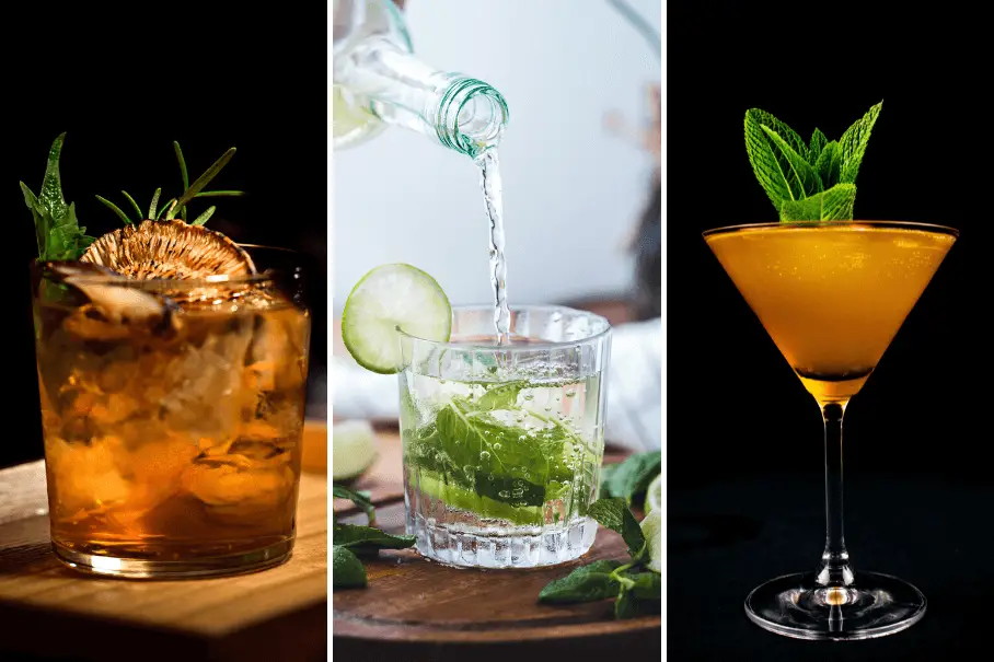 A collage of three images of vintage cocktails made. The cocktails are in different glasses and have different colors. The first image shows a brown cocktail on a wooden surface. The second image shows a clear cocktail being filled with a clear liquid from a bottle. The third image shows a yellow cocktail on a black surface.