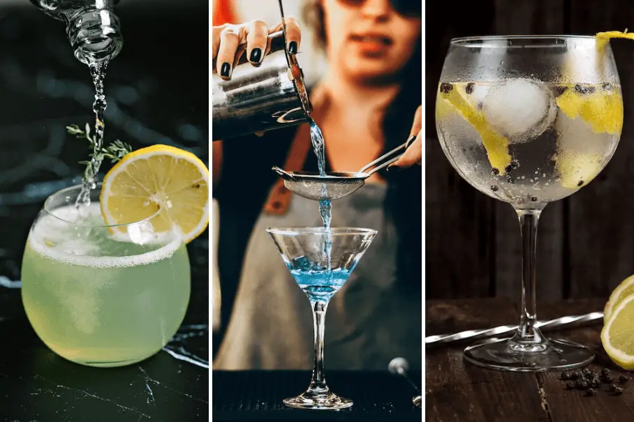 A collage of three images of cocktails made with vodka and lemon. The cocktails are green, blue, and clear in color and are in different glasses. The images show close ups of the cocktails and the hands that are pouring or holding them. The backgrounds are black or blurred.