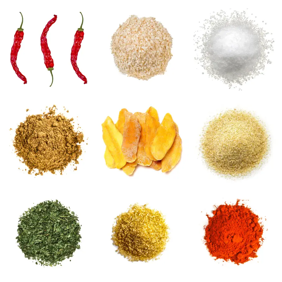 A grid of nine ingredients for making mango-jalapeno seasoning on a white background.