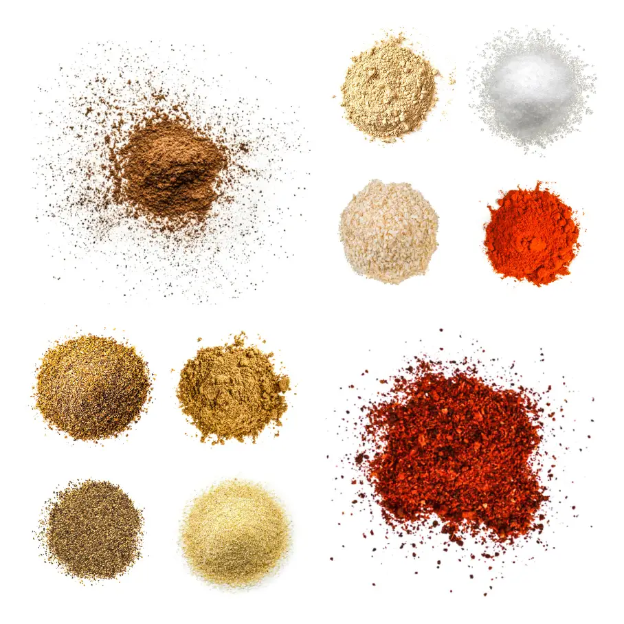 A grid of ten ingredients for making North African seasoning on a white background.