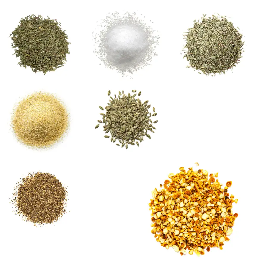 A grid of seven ingredients for making orange-fennel seasoning on a white background.
